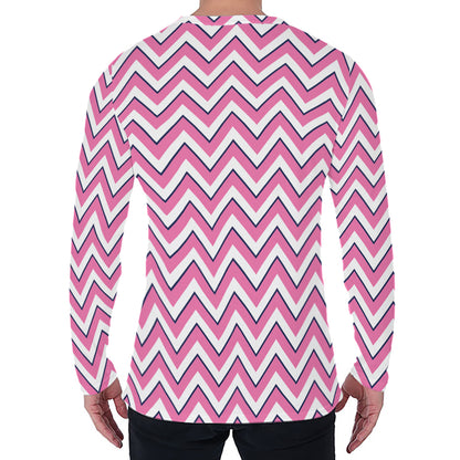 Pink White And Navy Chevron Print Men's Long Sleeve T-Shirt