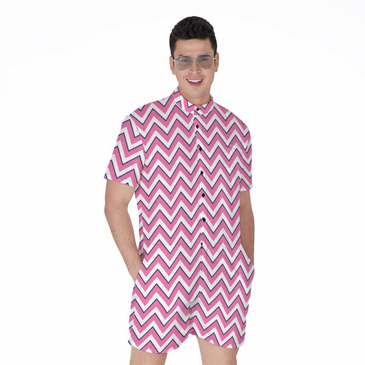 Pink White And Navy Chevron Print Men's Rompers