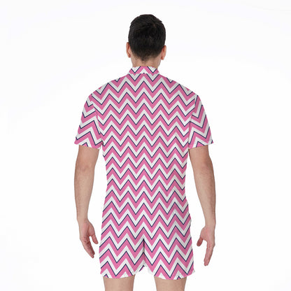 Pink White And Navy Chevron Print Men's Rompers