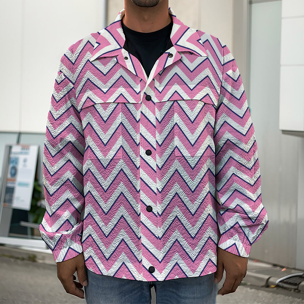 Pink White And Navy Chevron Print Men's Shirt Jacket