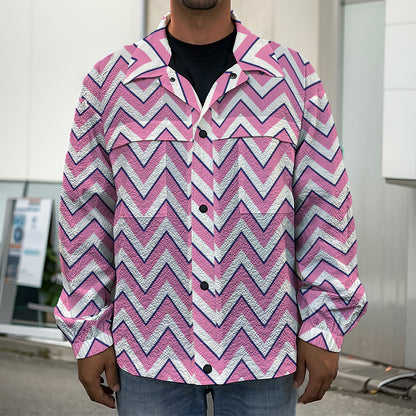 Pink White And Navy Chevron Print Men's Shirt Jacket