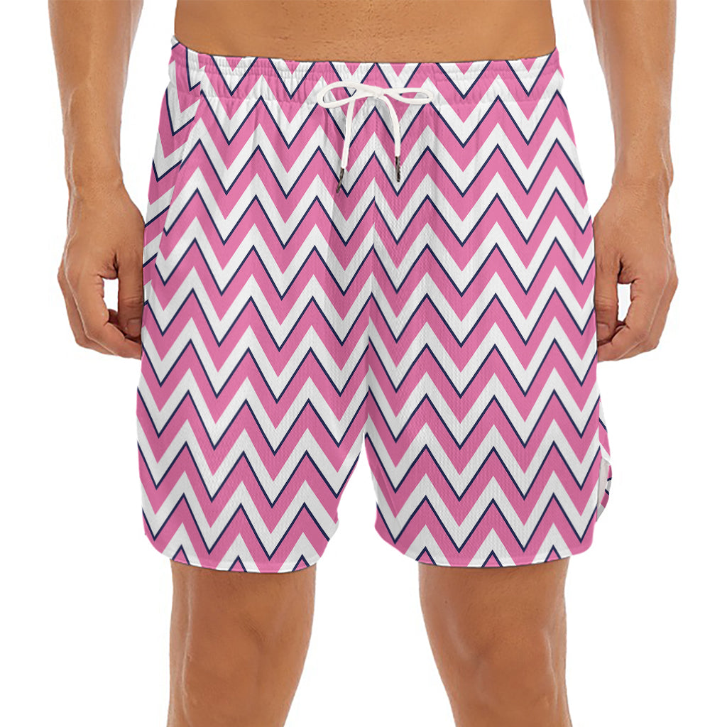 Pink White And Navy Chevron Print Men's Split Running Shorts