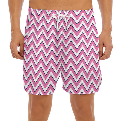 Pink White And Navy Chevron Print Men's Split Running Shorts