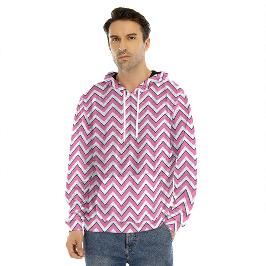 Pink White And Navy Chevron Print Men's Velvet Pullover Hoodie