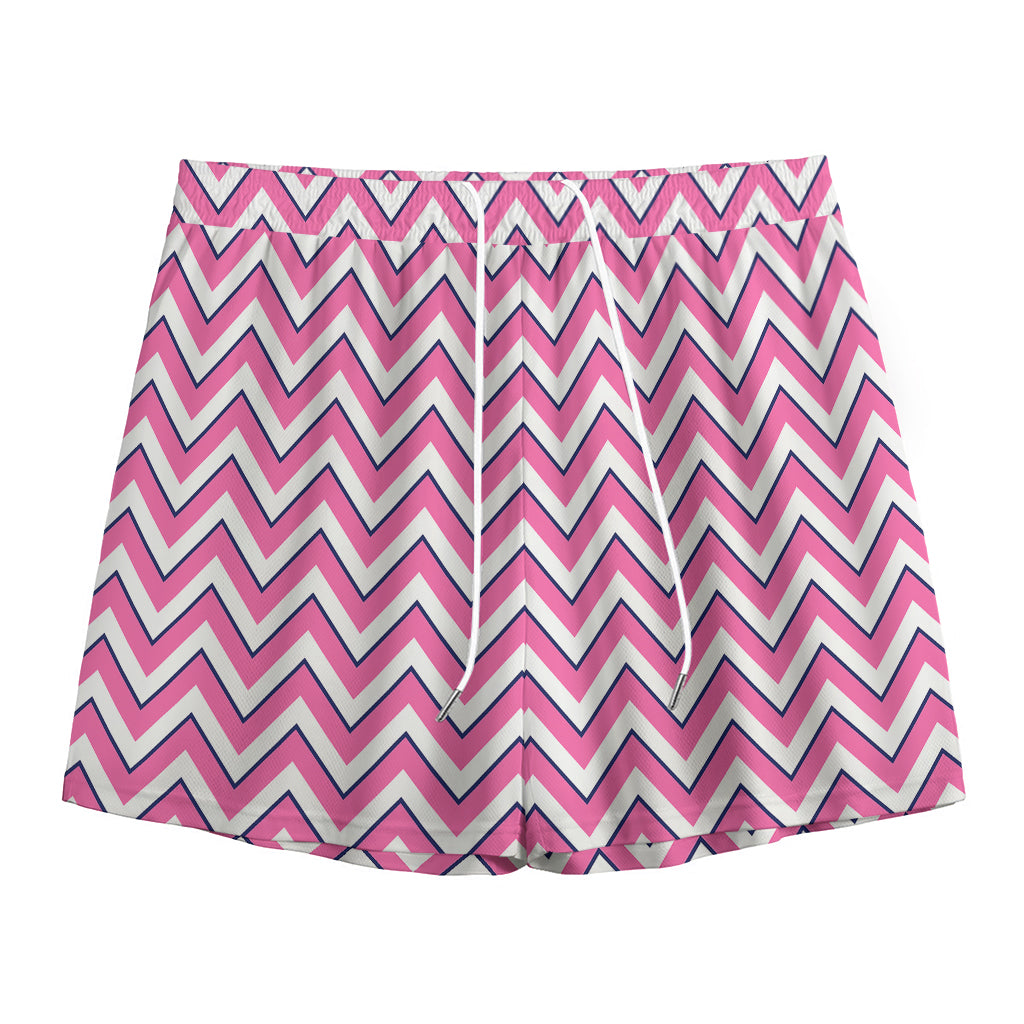 Pink White And Navy Chevron Print Mesh Shorts