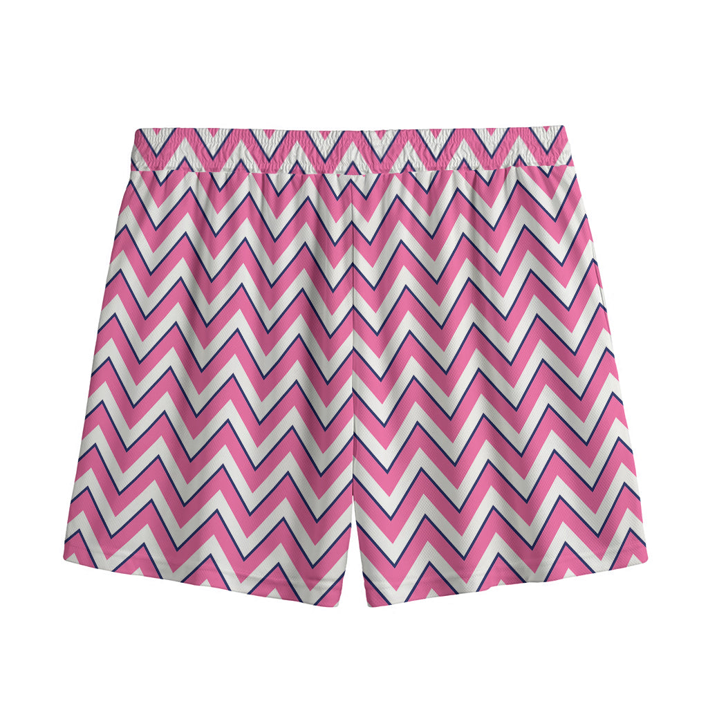 Pink White And Navy Chevron Print Mesh Shorts