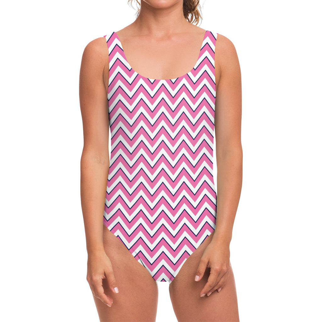 Pink White And Navy Chevron Print One Piece Swimsuit