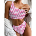 Pink White And Navy Chevron Print One Shoulder Bikini Set