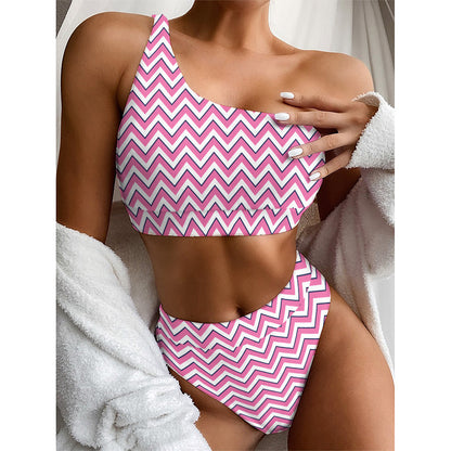Pink White And Navy Chevron Print One Shoulder Bikini Top