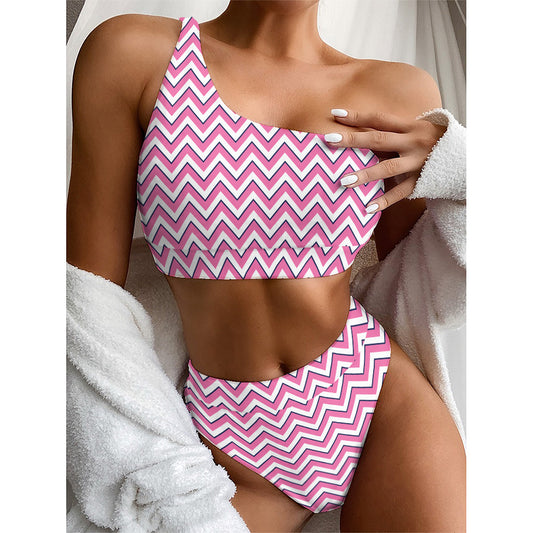 Pink White And Navy Chevron Print One Shoulder Bikini Top