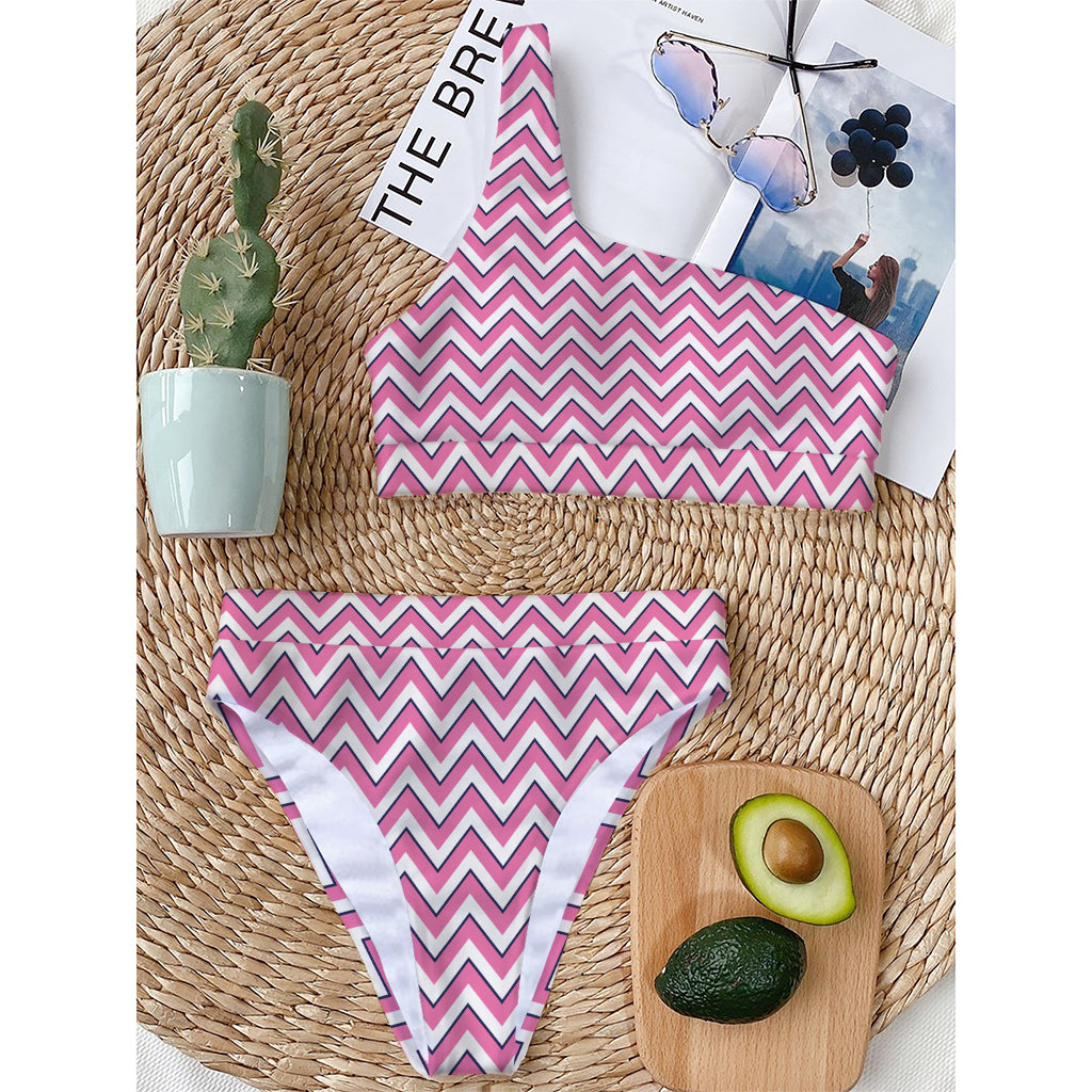 Pink White And Navy Chevron Print One Shoulder Bikini Top