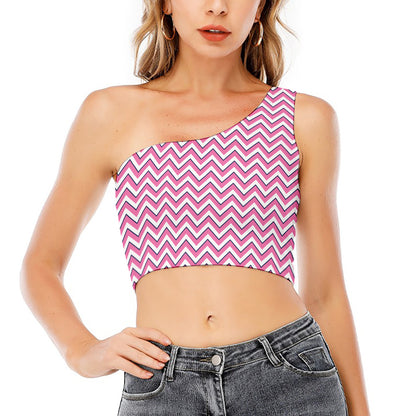 Pink White And Navy Chevron Print One Shoulder Crop Top