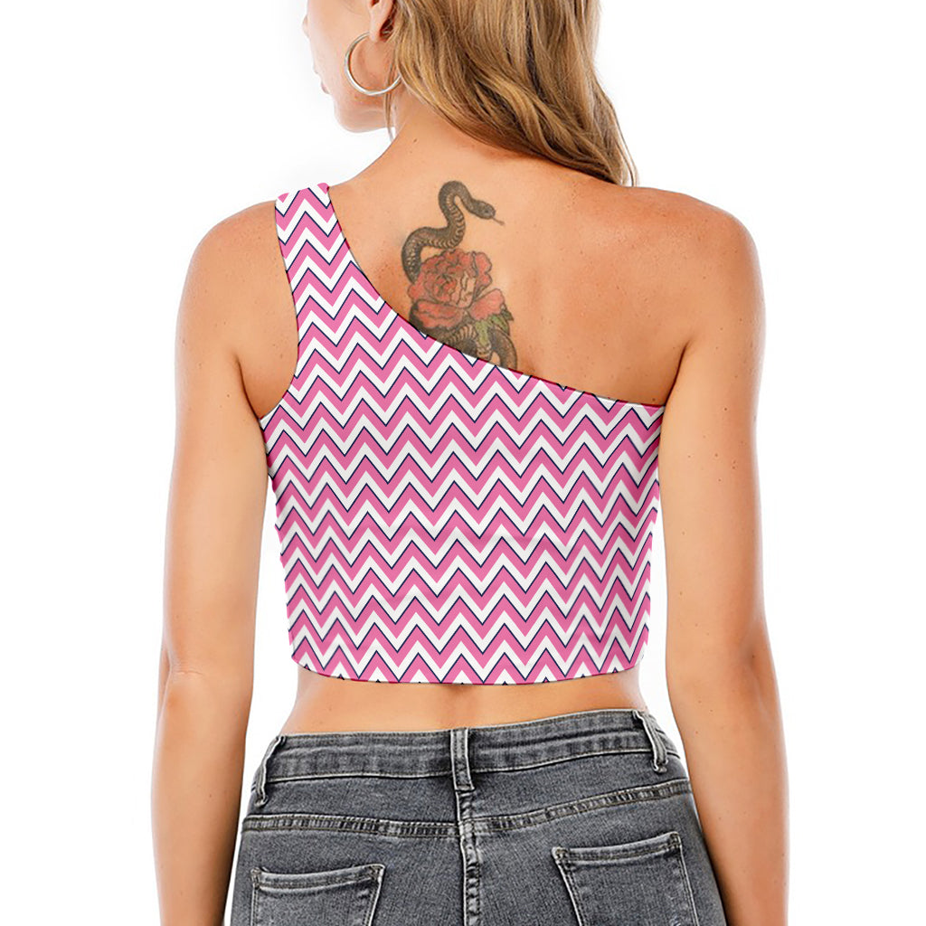 Pink White And Navy Chevron Print One Shoulder Crop Top