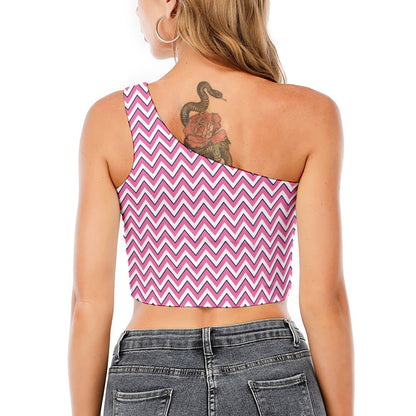 Pink White And Navy Chevron Print One Shoulder Crop Top
