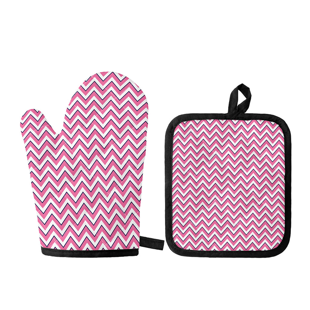 Pink White And Navy Chevron Print Oven Mitt And Pot Holder Set