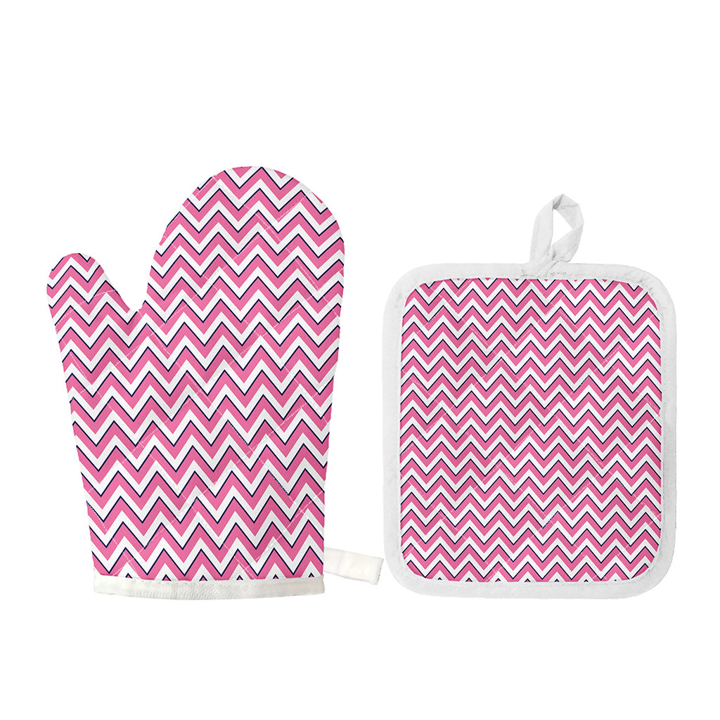 Pink White And Navy Chevron Print Oven Mitt And Pot Holder Set