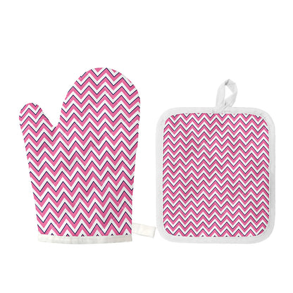 Pink White And Navy Chevron Print Oven Mitt And Pot Holder Set