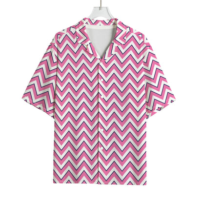 Pink White And Navy Chevron Print Rayon Hawaiian Shirt