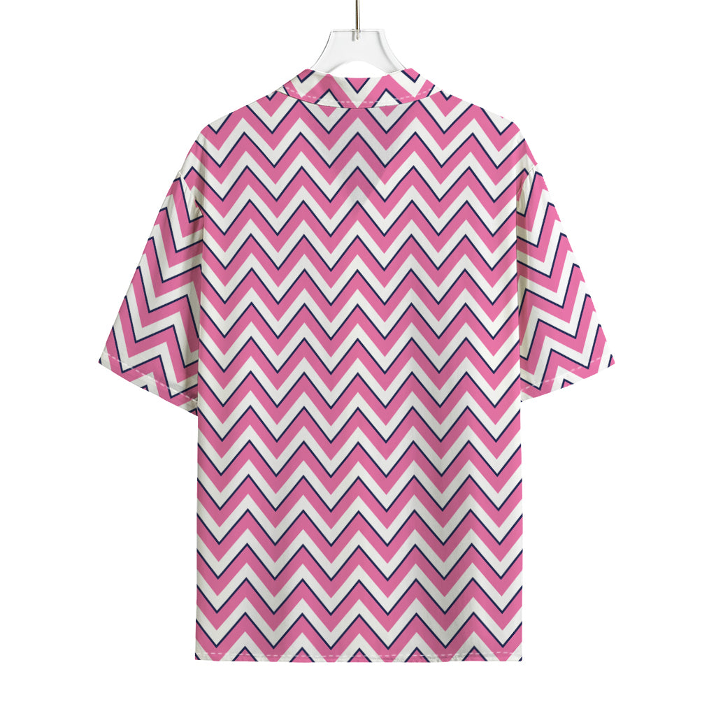 Pink White And Navy Chevron Print Rayon Hawaiian Shirt