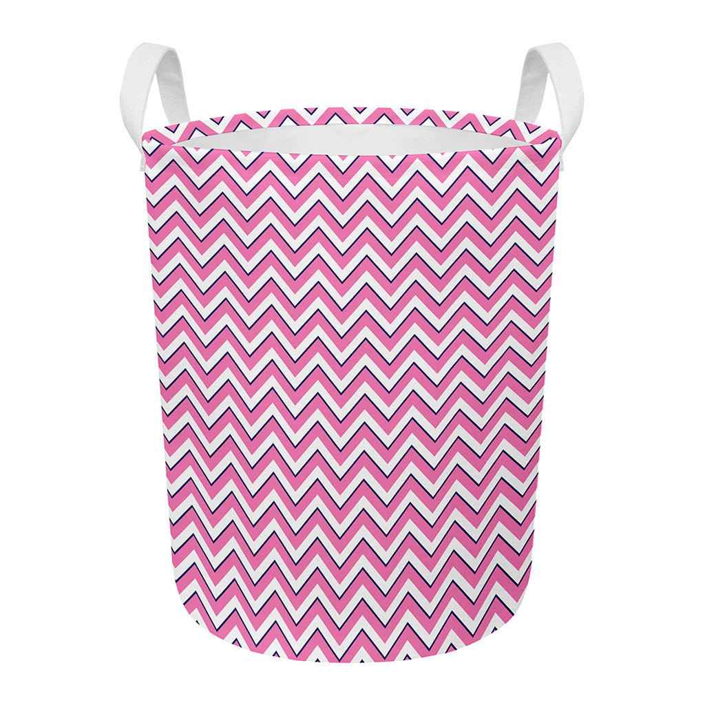 Pink White And Navy Chevron Print Round Laundry Basket