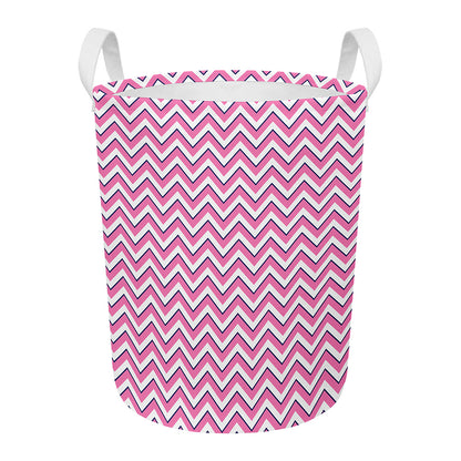 Pink White And Navy Chevron Print Round Laundry Basket