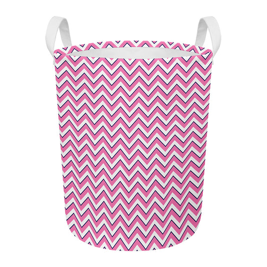 Pink White And Navy Chevron Print Round Laundry Basket