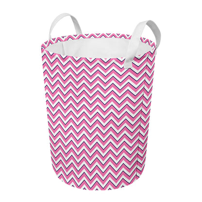 Pink White And Navy Chevron Print Round Laundry Basket
