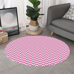 Pink White And Navy Chevron Print Round Rug