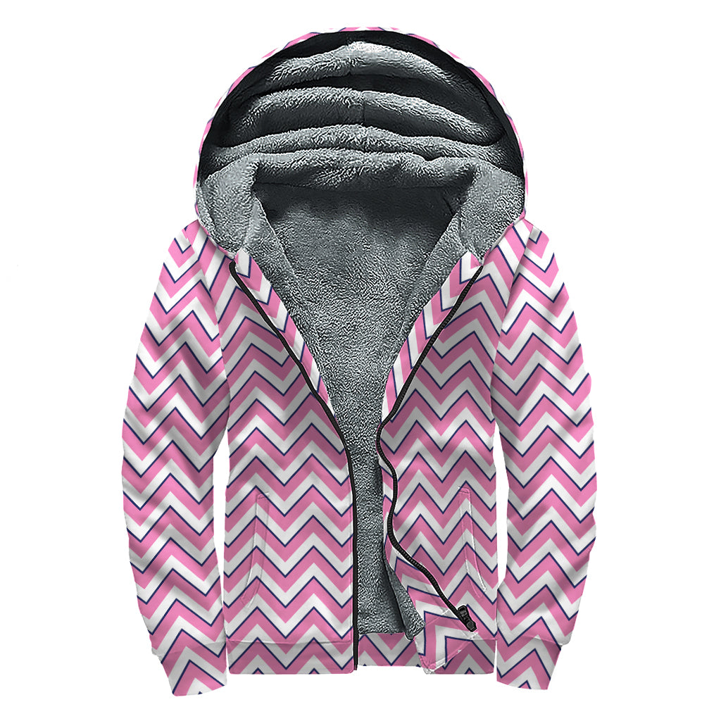 Pink White And Navy Chevron Print Sherpa Lined Zip Up Hoodie