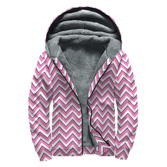 Pink White And Navy Chevron Print Sherpa Lined Zip Up Hoodie