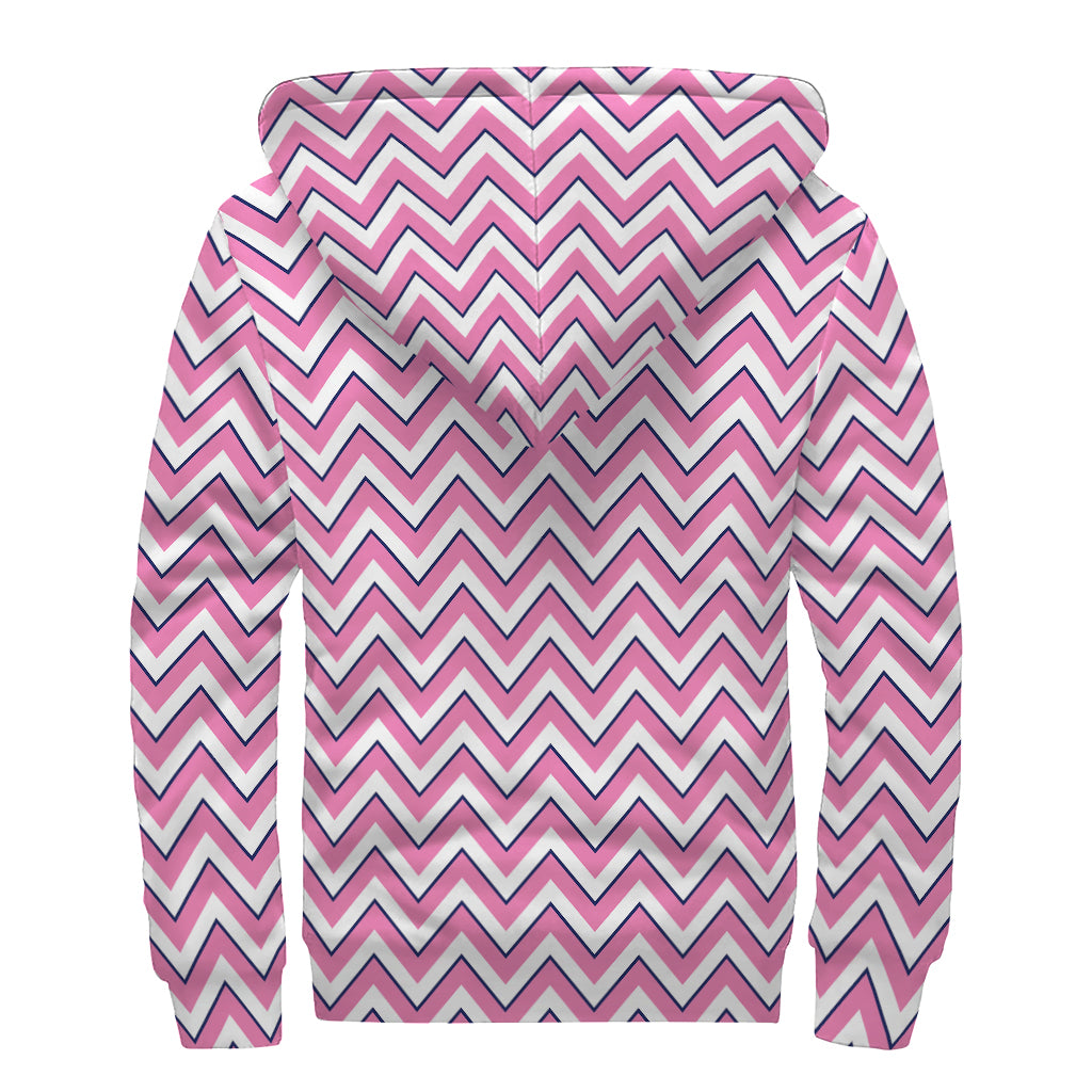 Pink White And Navy Chevron Print Sherpa Lined Zip Up Hoodie
