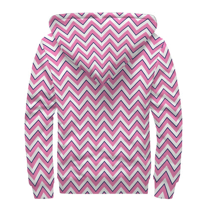Pink White And Navy Chevron Print Sherpa Lined Zip Up Hoodie