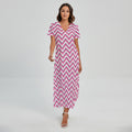 Pink White And Navy Chevron Print Short Sleeve Maxi Dress