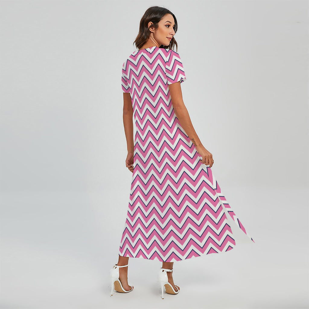 Pink White And Navy Chevron Print Short Sleeve Maxi Dress