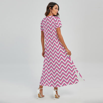 Pink White And Navy Chevron Print Short Sleeve Maxi Dress