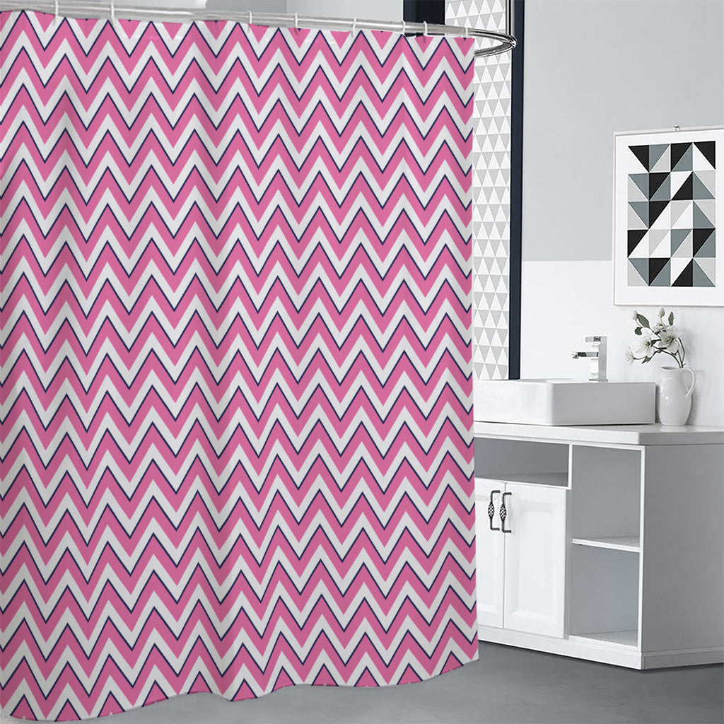 Pink White And Navy Chevron Print Shower Curtain