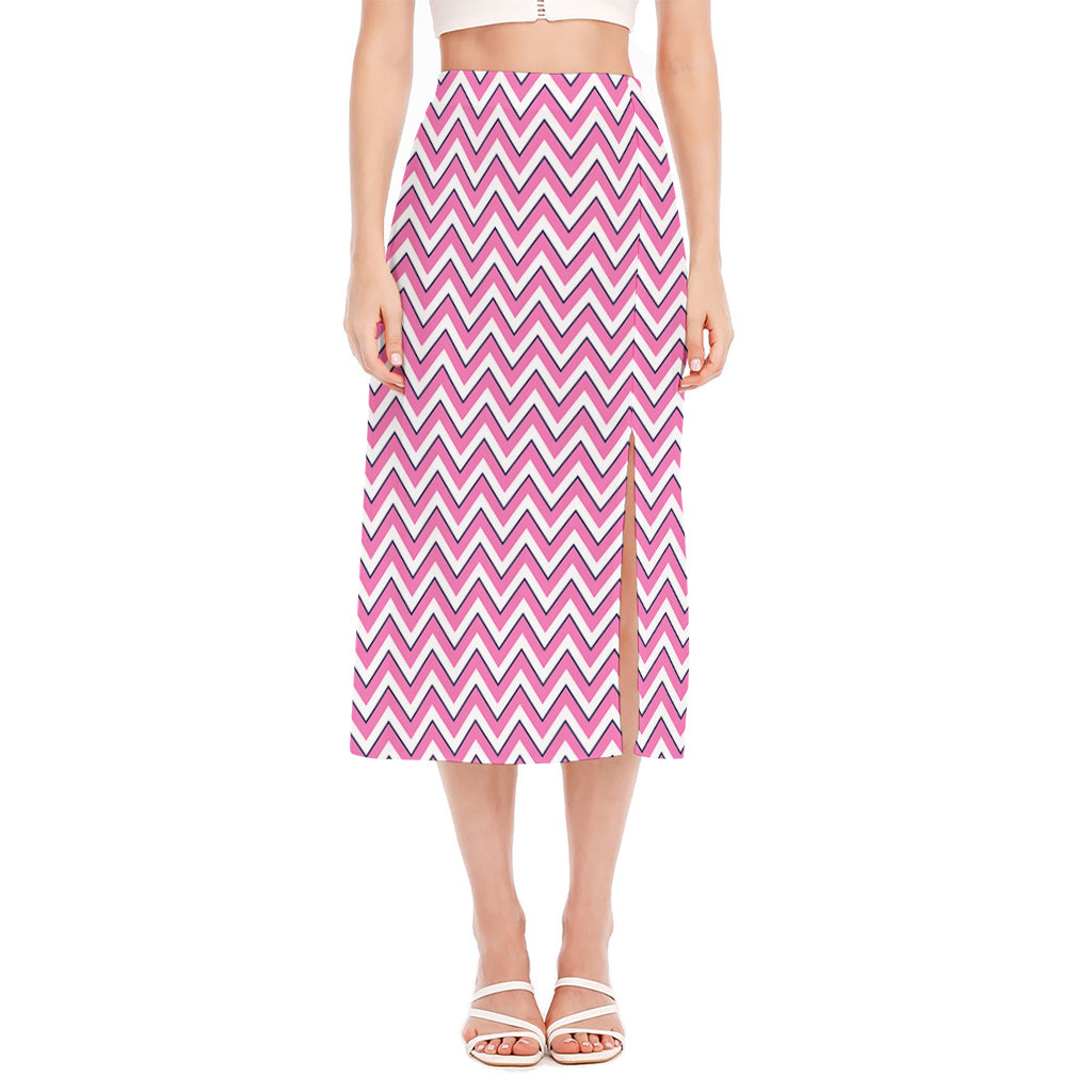 Pink White And Navy Chevron Print Side Slit Midi Skirt