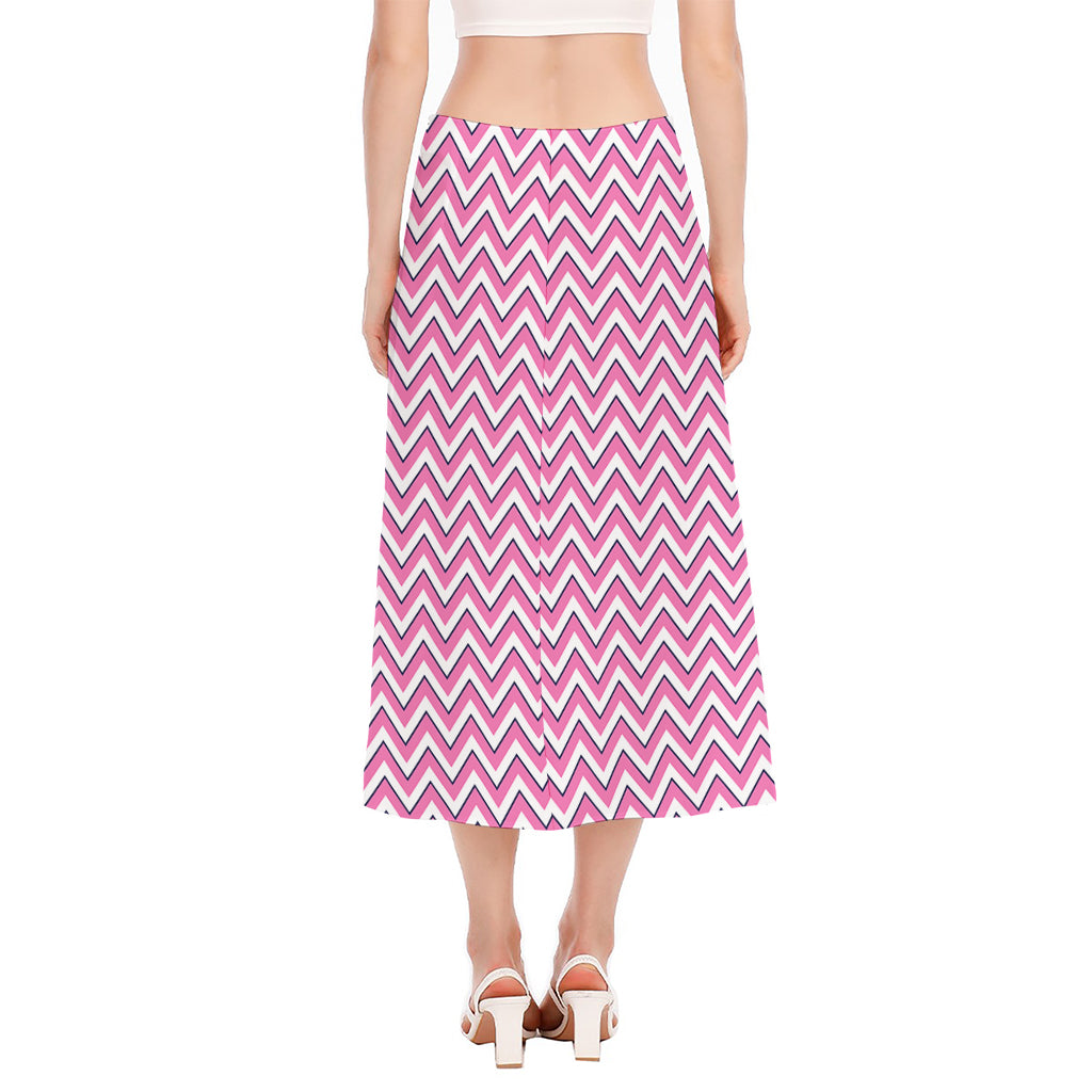 Pink White And Navy Chevron Print Side Slit Midi Skirt
