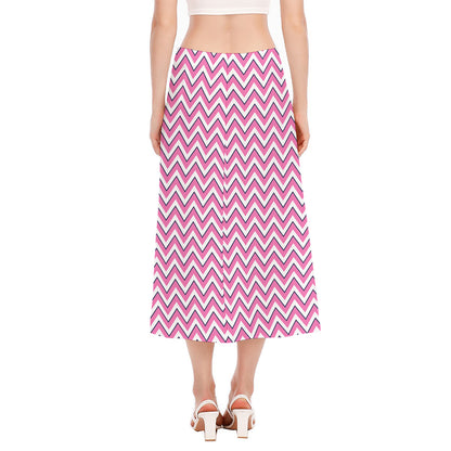 Pink White And Navy Chevron Print Side Slit Midi Skirt