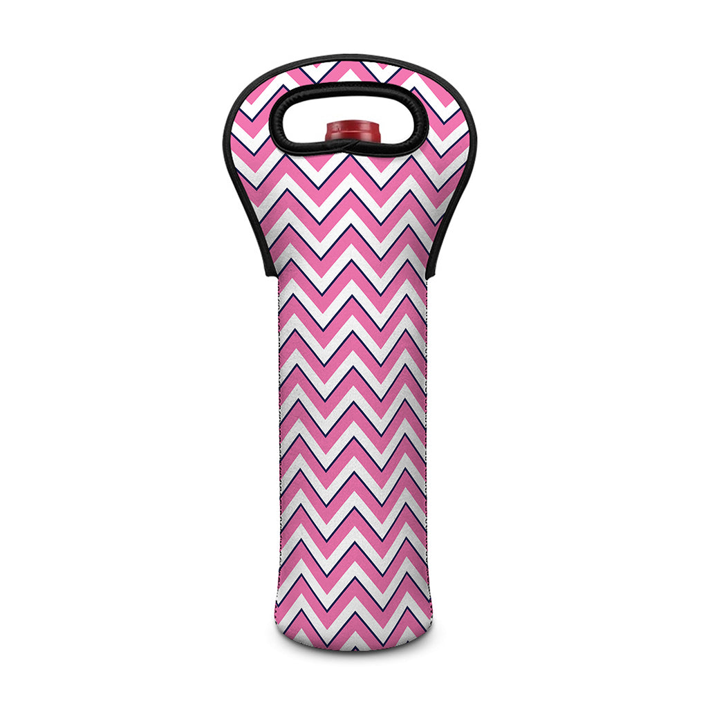 Pink White And Navy Chevron Print Single Neoprene Wine Tote