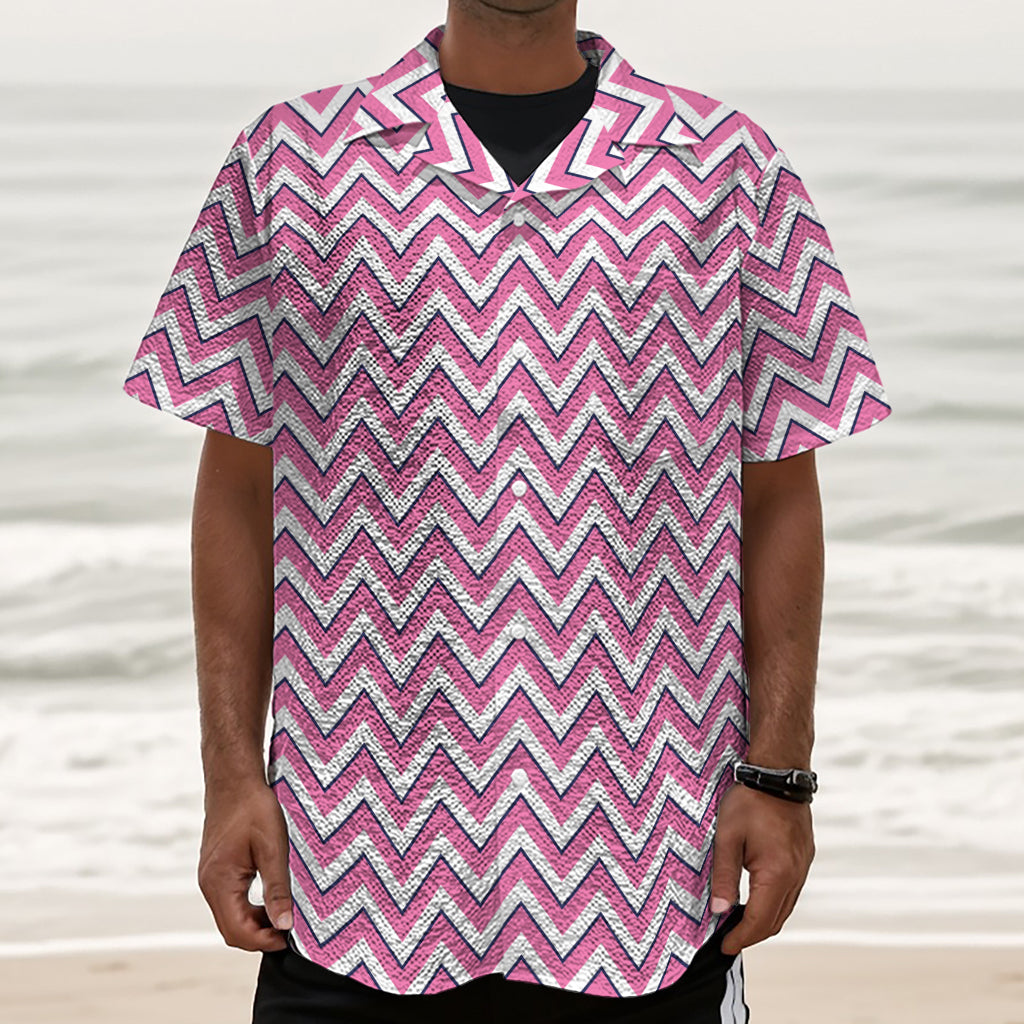 Pink White And Navy Chevron Print Textured Short Sleeve Shirt