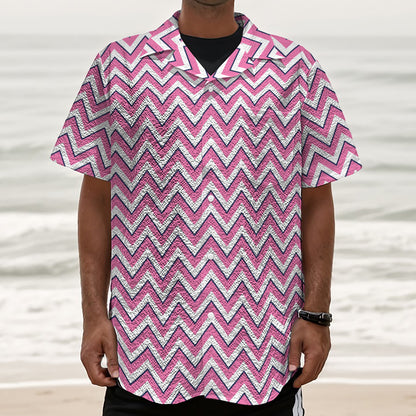 Pink White And Navy Chevron Print Textured Short Sleeve Shirt