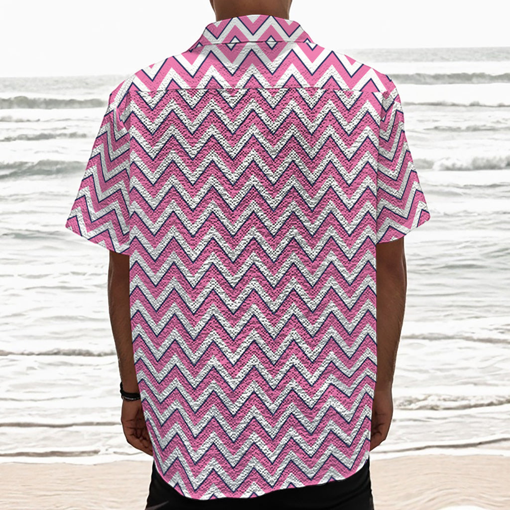 Pink White And Navy Chevron Print Textured Short Sleeve Shirt