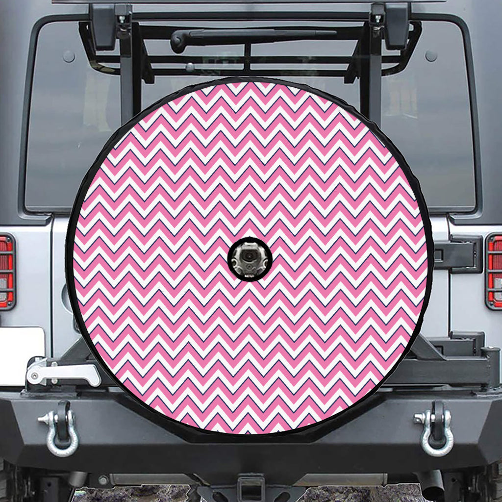 Pink White And Navy Chevron Print Tire Cover With Camera Hole