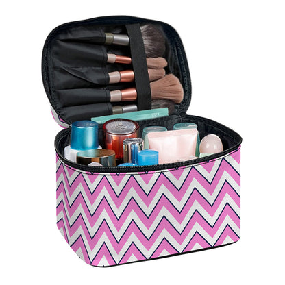 Pink White And Navy Chevron Print Travel Makeup Bag