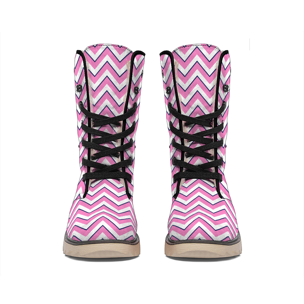 Pink White And Navy Chevron Print Winter Boots