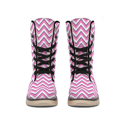 Pink White And Navy Chevron Print Winter Boots