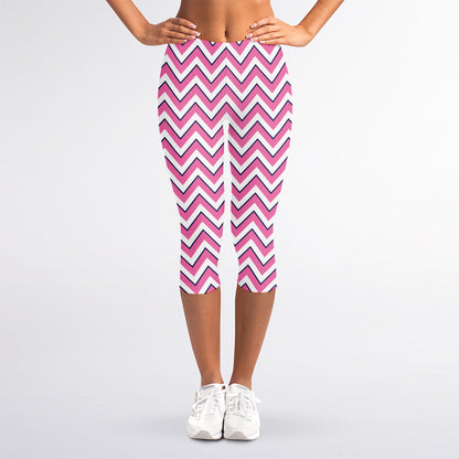 Pink White And Navy Chevron Print Women's Capri Leggings