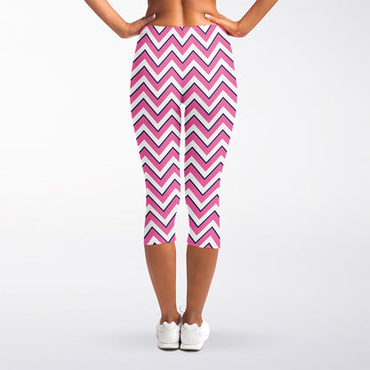 Pink White And Navy Chevron Print Women's Capri Leggings