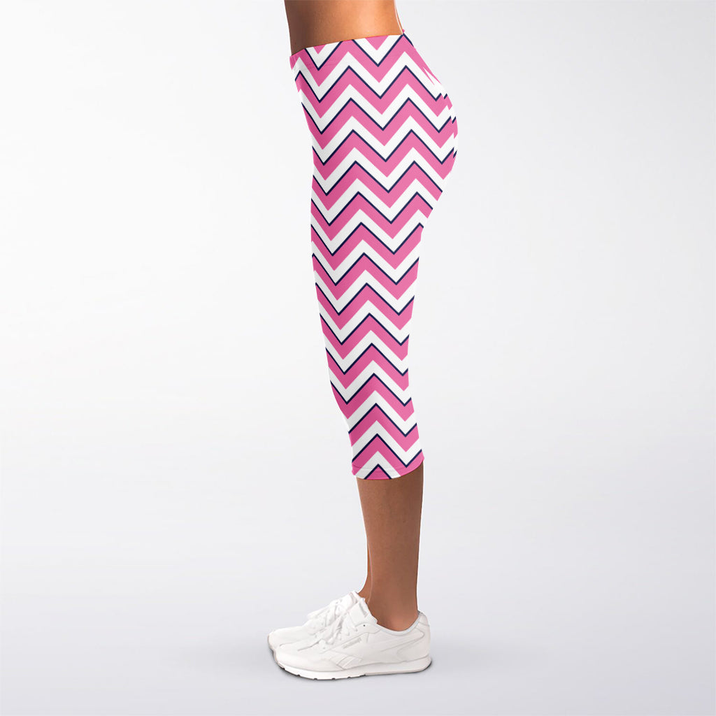 Pink White And Navy Chevron Print Women's Capri Leggings